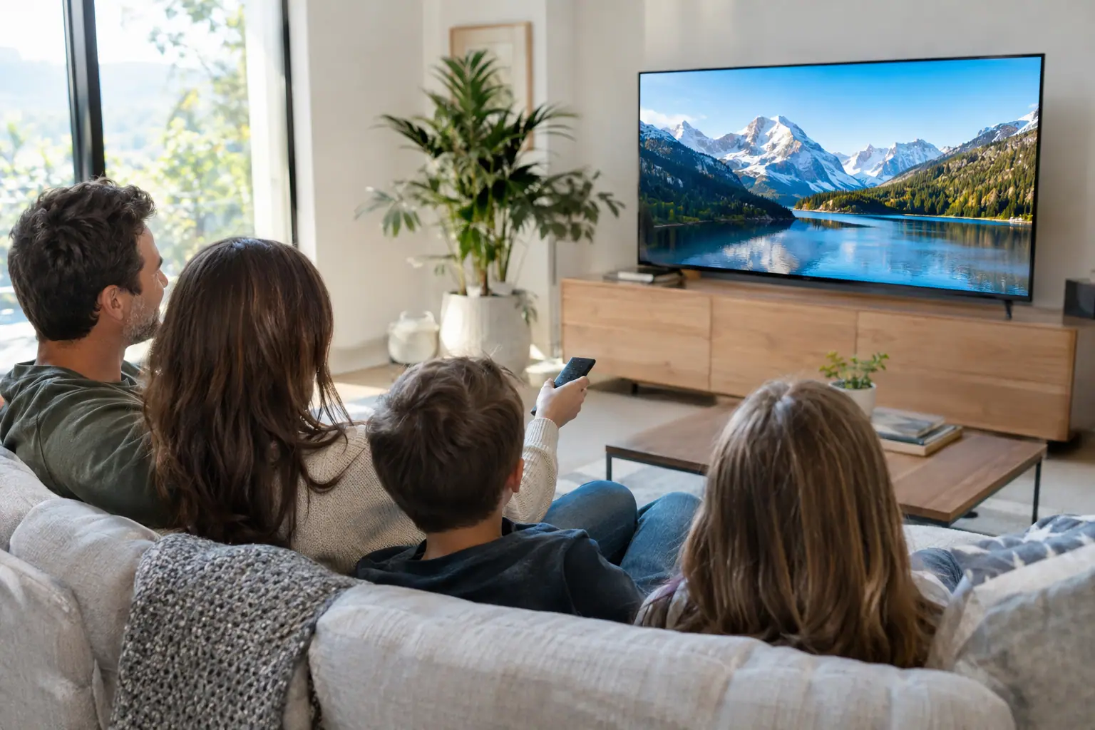 Personne utilisant la télécommande d'une Smart TV Samsung dans un salon pour installer une application IPTV
