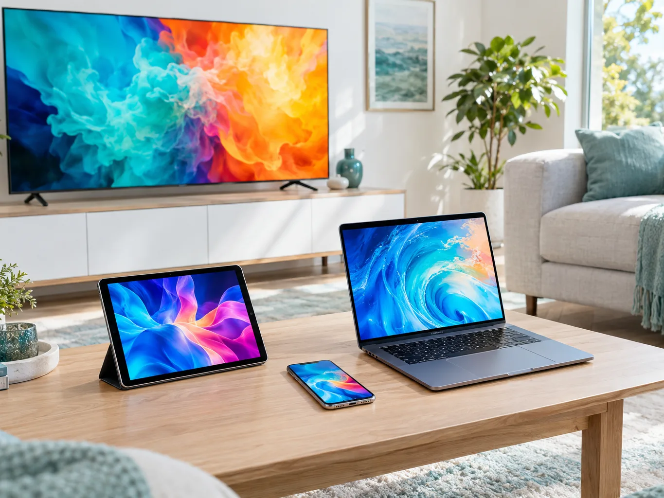 Télévision, tablette, smartphone et ordinateur portable posés dans un salon lumineux