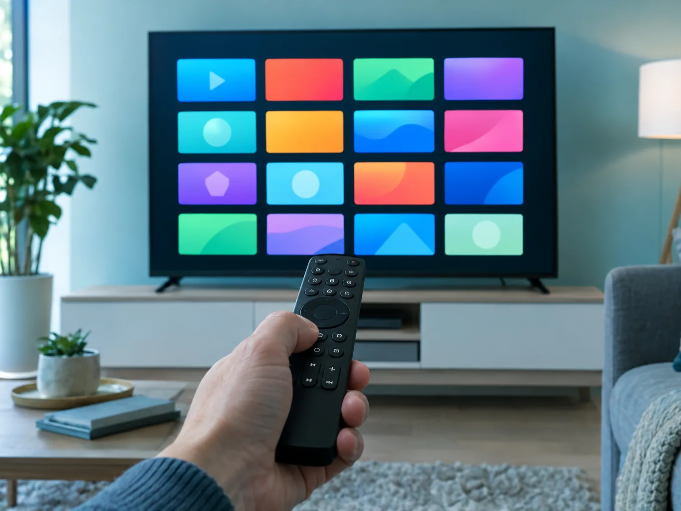 Personne tenant une télécommande devant une télévision affichant un menu d'application